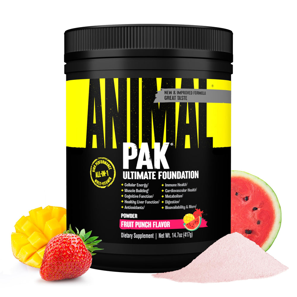 Animal Pak envase frontal mostrando sabor Fruit Punch y conveniencia