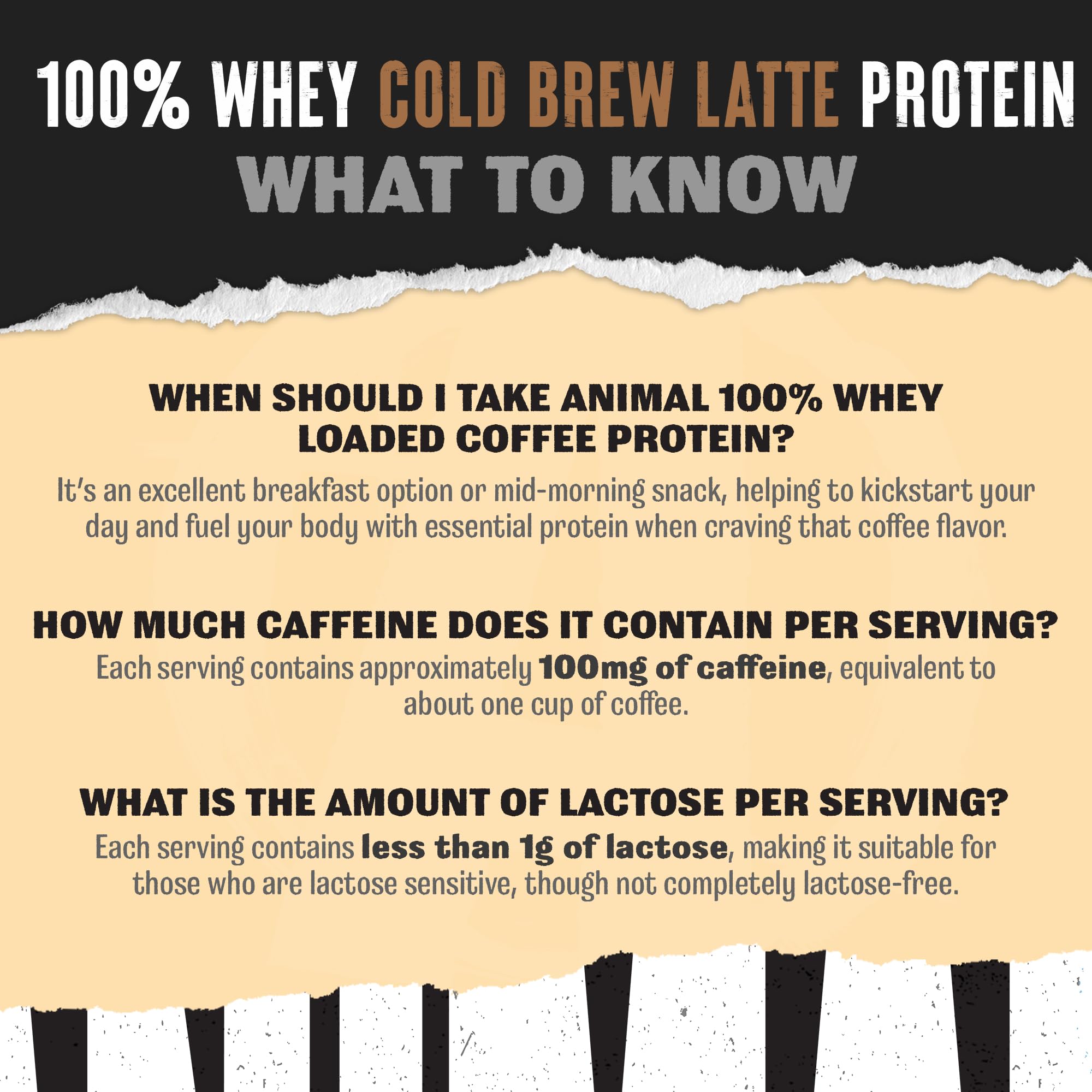 Animal etiqueta nutricional detallada mostrando 20 g proteína y 120 mg cafeína
