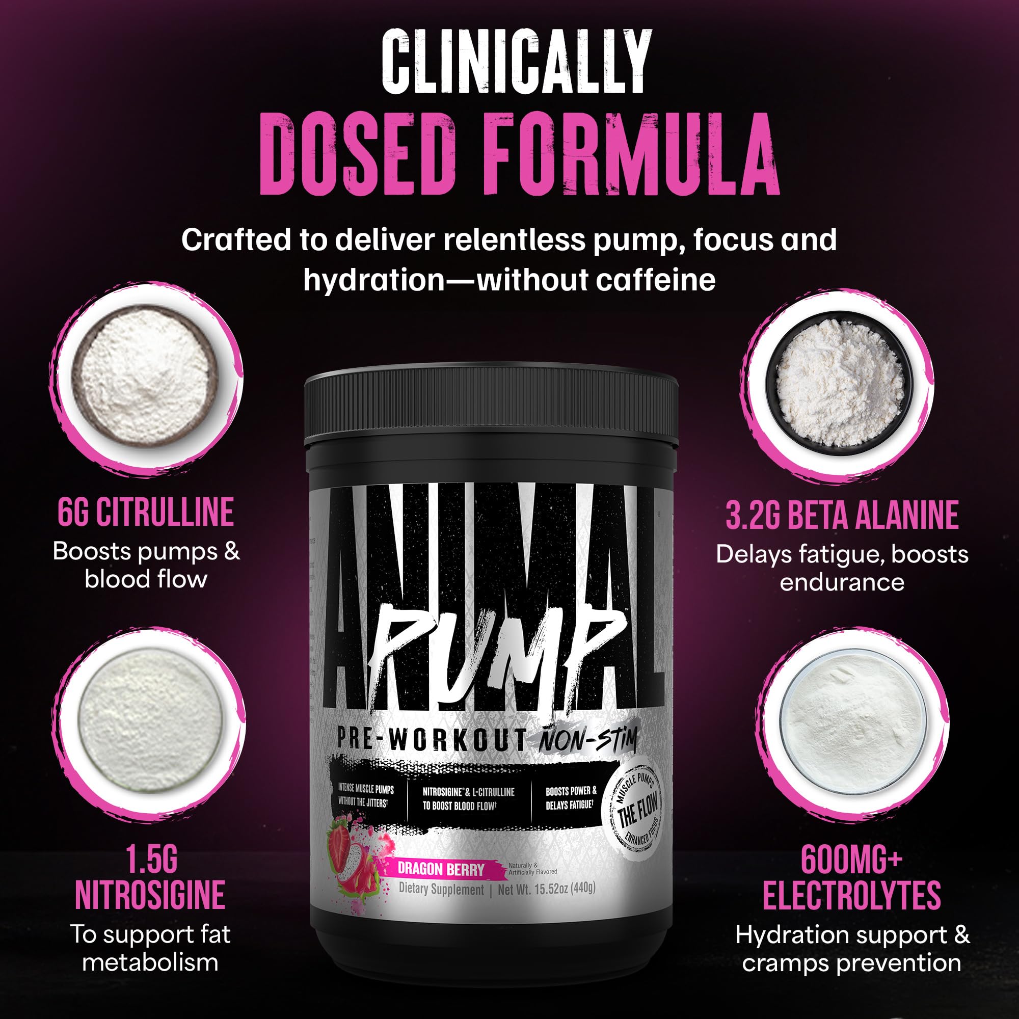 Etiqueta de Animal Pump NS mostrando lista de ingredientes y dosis clínicas claras