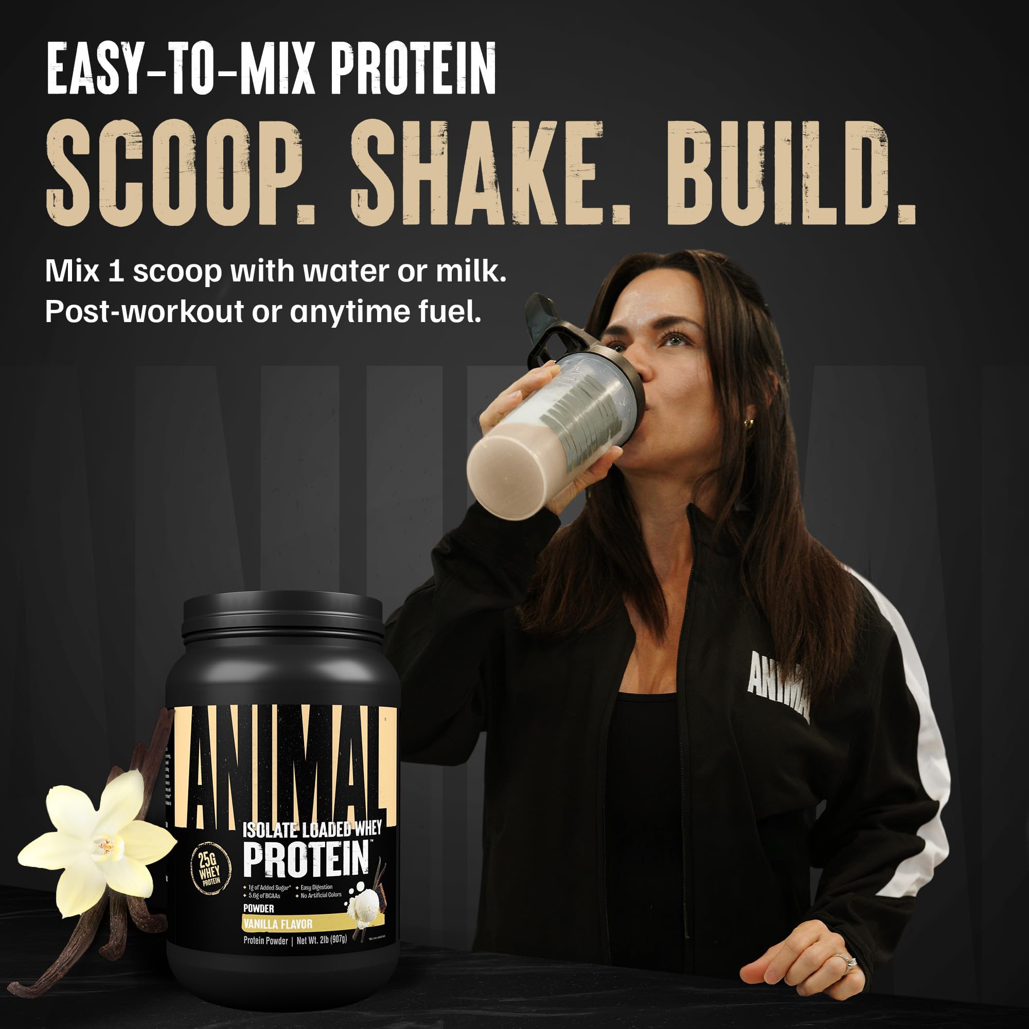 Animal Whey cucharada medidora con polvo, dosificación precisa y 25 g de proteína
