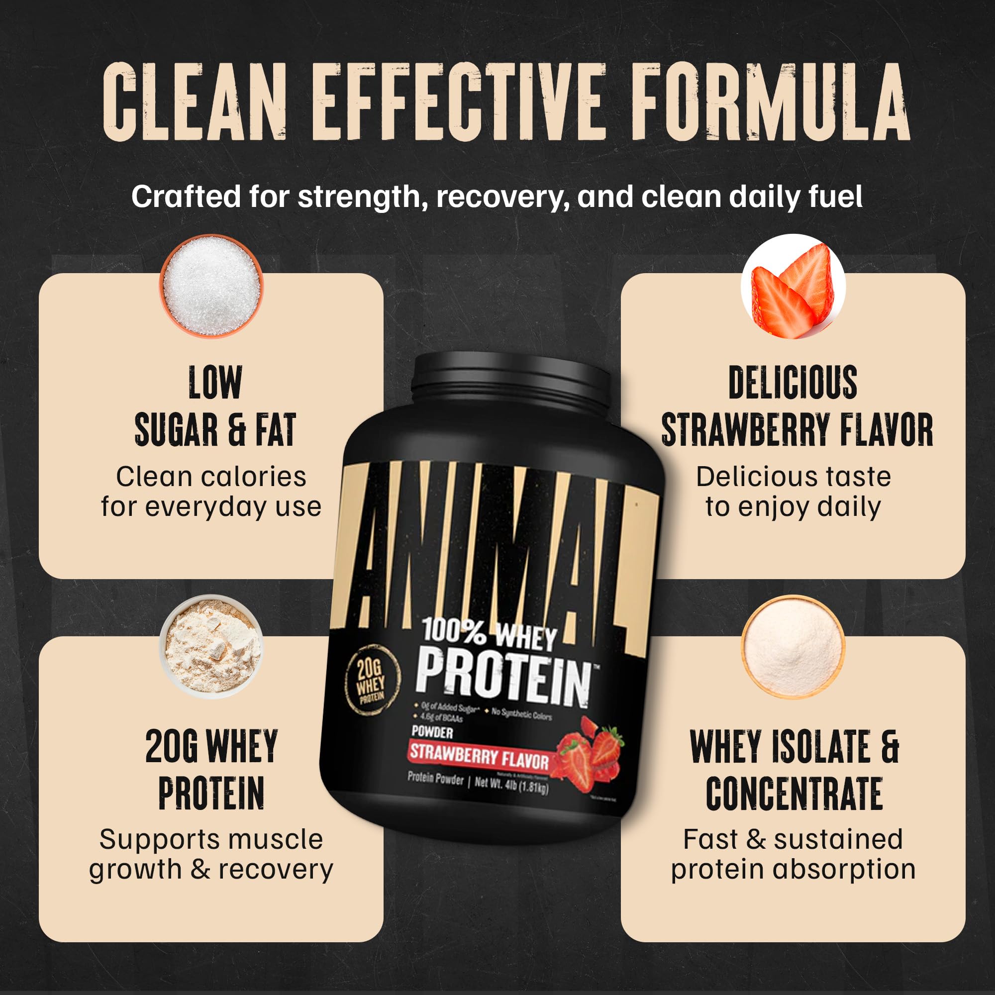 Etiqueta nutricional de Animal Whey fresa con información de proteínas y BCAA clara