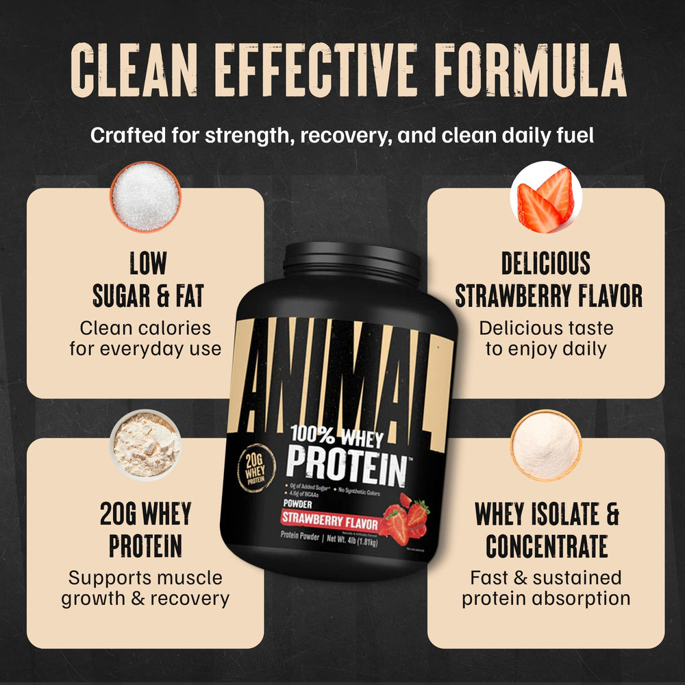 Etiqueta nutricional de Animal Whey fresa con información de proteínas y BCAA clara