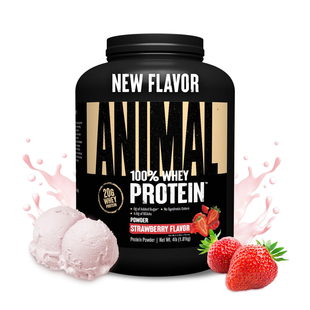 Animal frasco frontal de 4 lb sabor fresa mostrando diseño y marca para elección segura