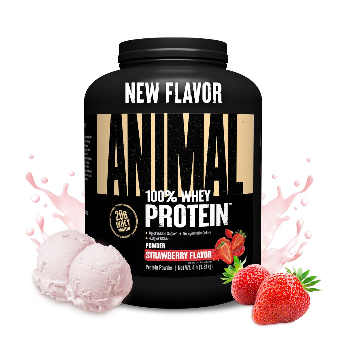 Animal frasco frontal de 4 lb sabor fresa mostrando diseño y marca para elección segura