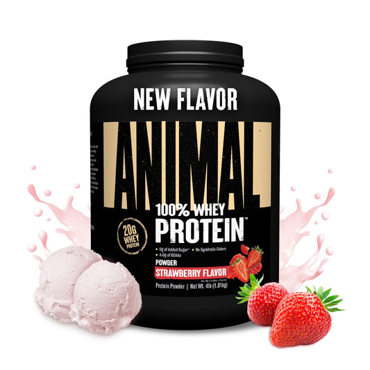 Animal frasco frontal de 4 lb sabor fresa mostrando diseño y marca para elección segura