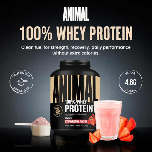 Polvo de Animal 100% Whey fresa textura cercana que muestra solubilidad y mezcla suave
