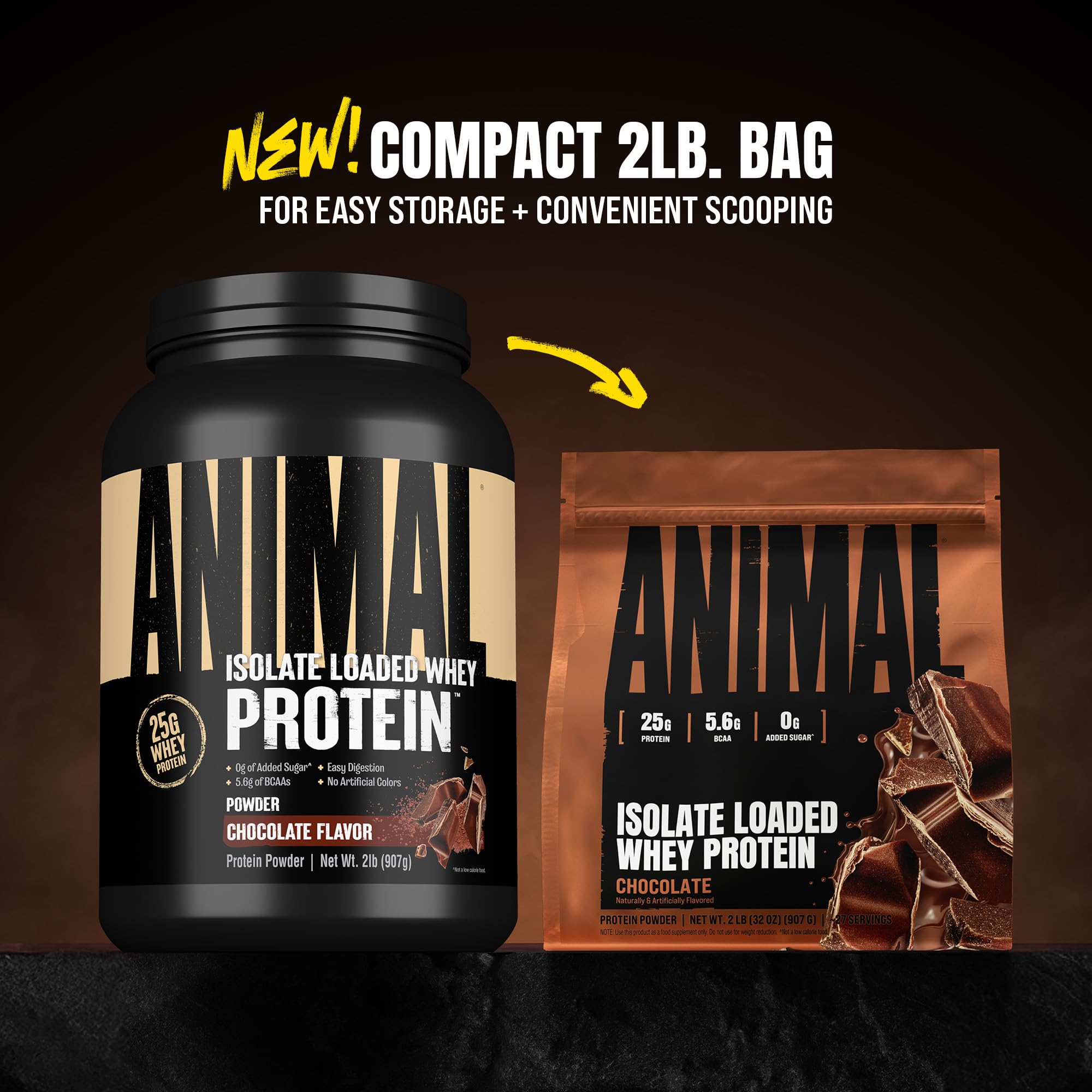 Animal Whey Isolate cucharada de polvo para visualizar la porción y proteína
