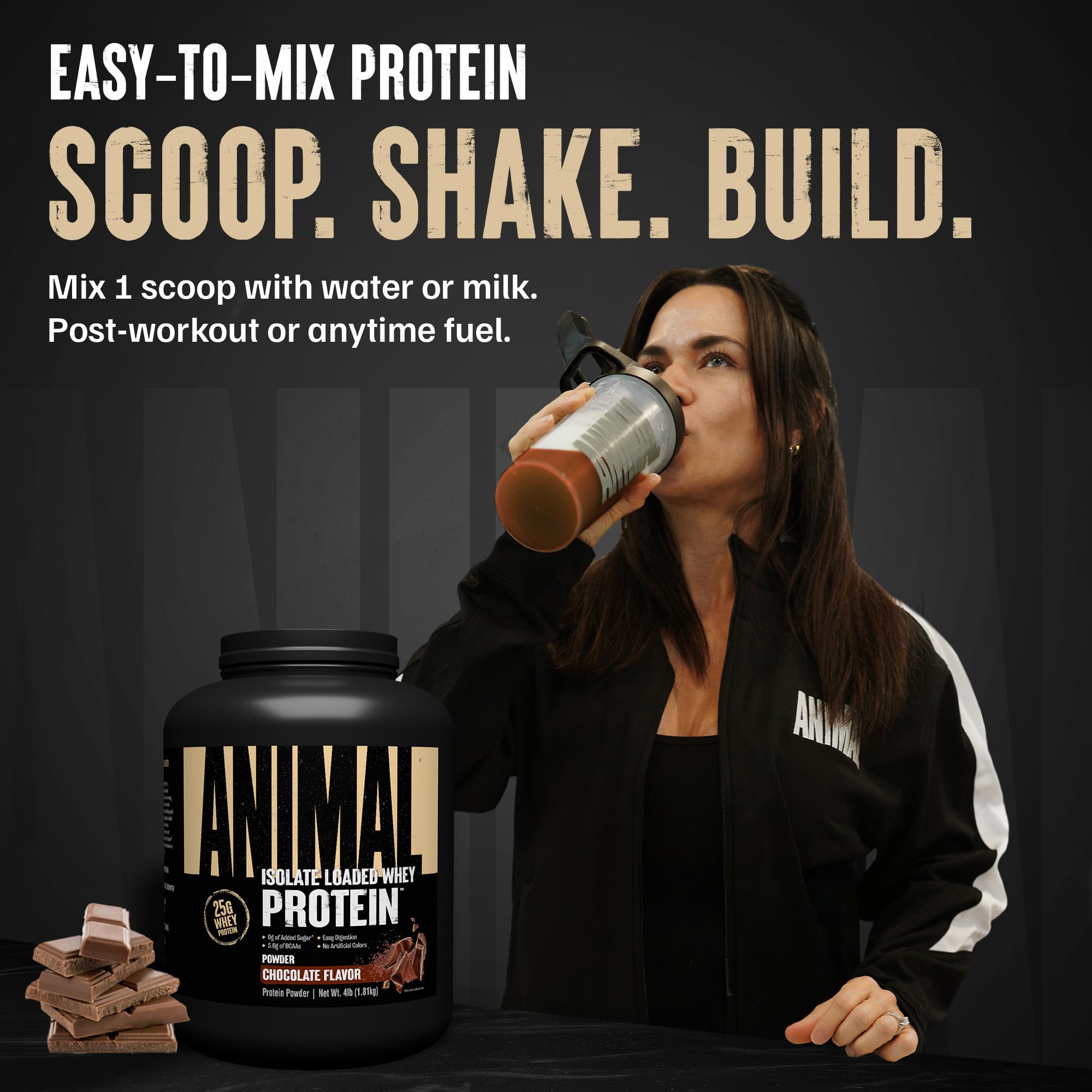 Detalle de etiqueta Animal Whey Isolate destacando 25 g de proteína por porción y ingredientes