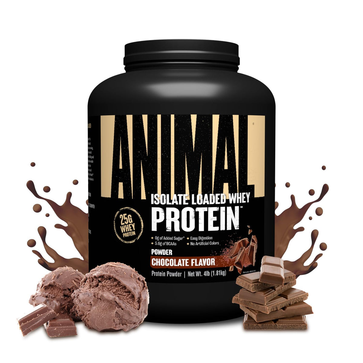 Animal Whey Isolate envase frontal con contraste de chocolate y beneficio de alta proteína