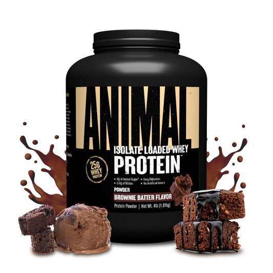 Animal Whey Isolate frente del envase Brownie Batter, diseño y tamaño visibles beneficiando la confianza de compra