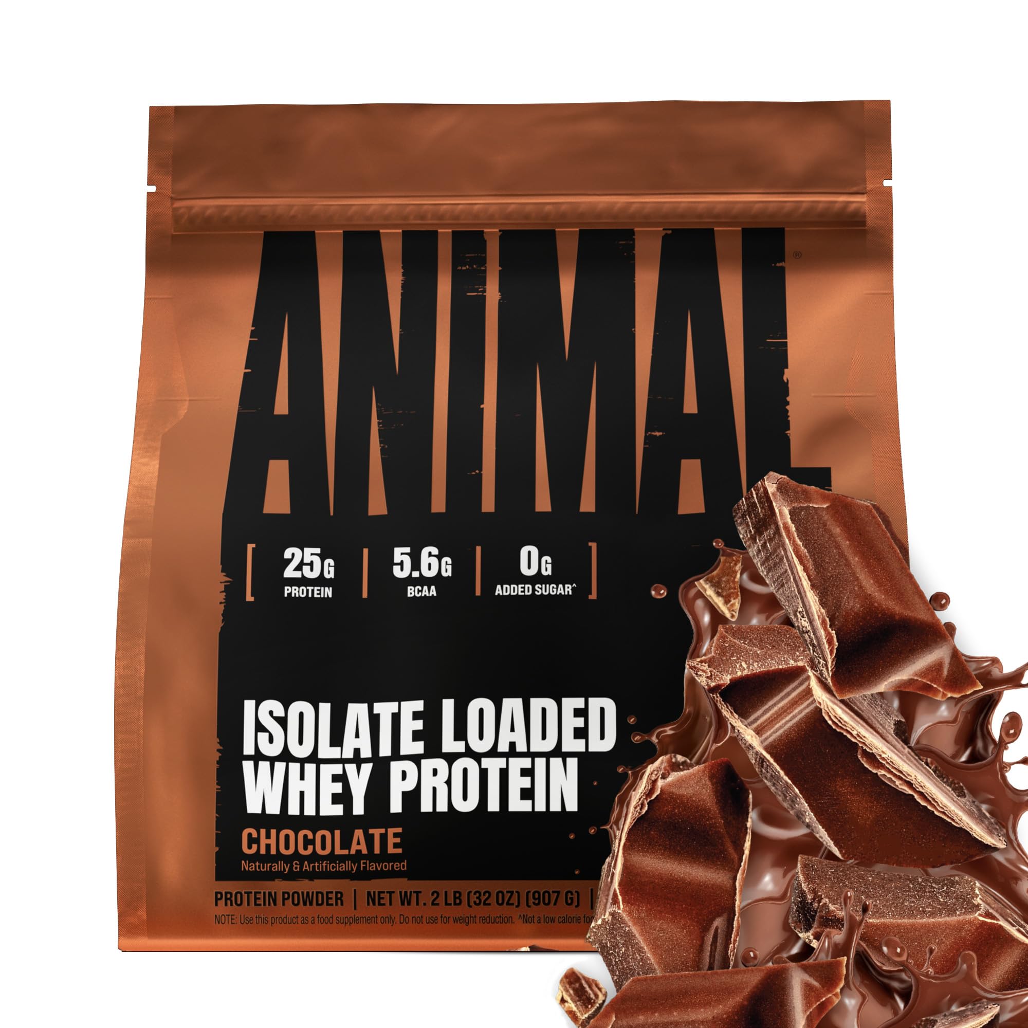 Animal Whey Isolate frente del envase mostrando 2 lb y sabor chocolate