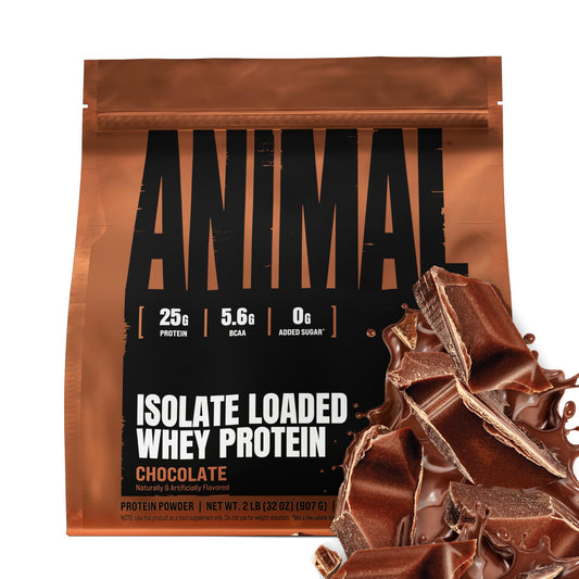 Animal Whey Isolate frente del envase mostrando 2 lb y sabor chocolate
