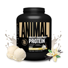 Animal Whey Isolate envase frontal mostrando tamaño y sabor, fácil identificación