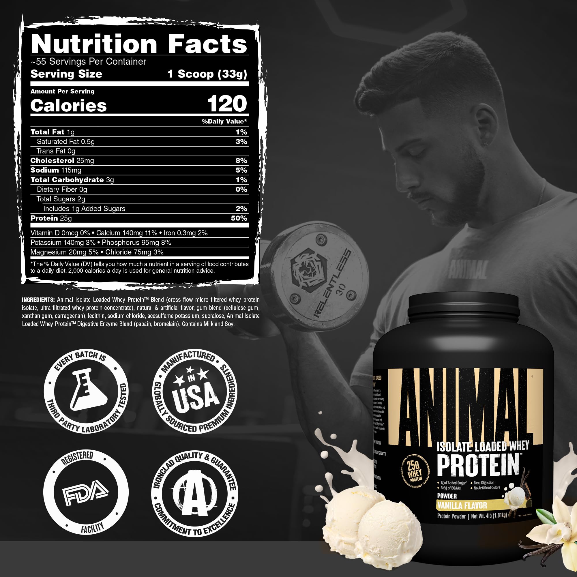 Animal Whey Isolate lista de ingredientes en foco, enzimas digestivas incluidas