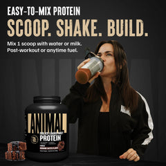 Animal Whey Isolate scoop con 25 g de proteína por porción, muestra la cantidad efectiva para control de macros
