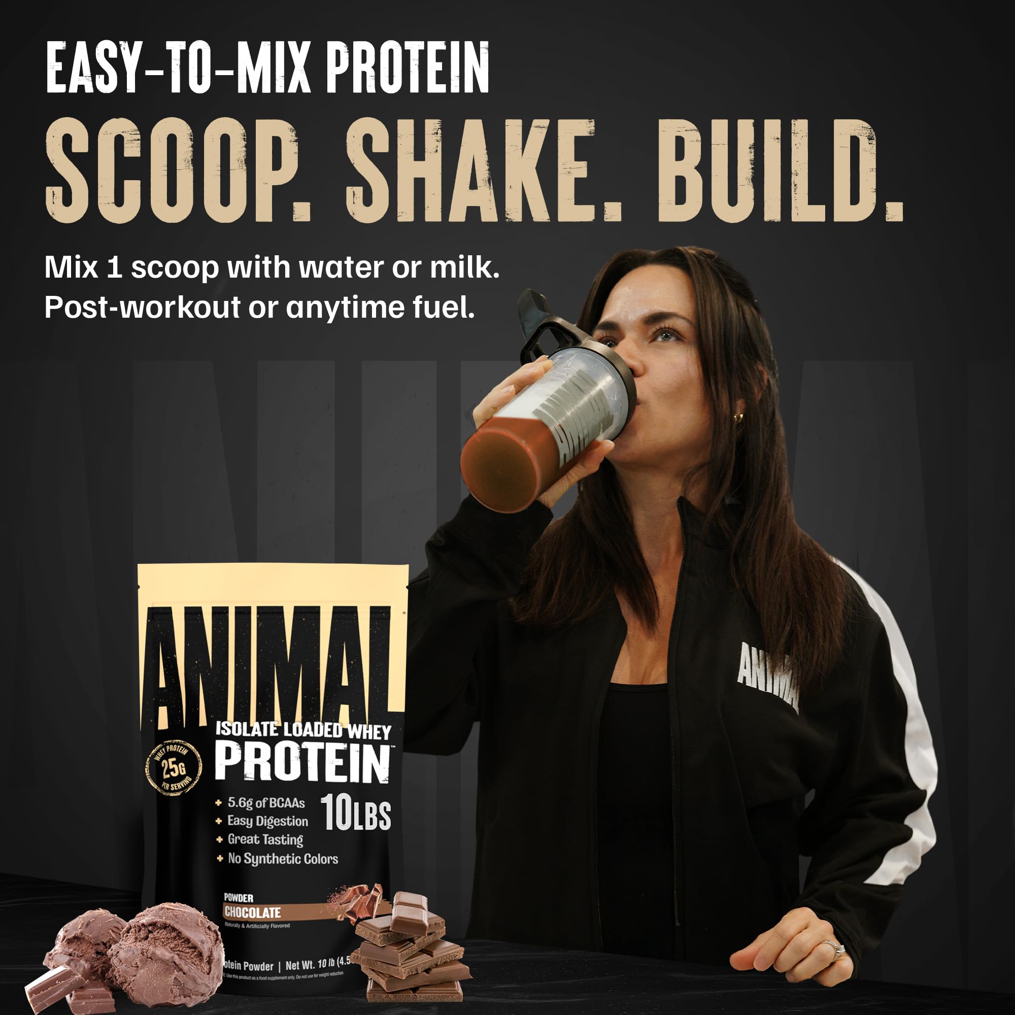 Animal Whey Isolate envase de 10 lb mostrando tamaño real y valor