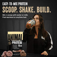 Animal Whey Isolate envase de 10 lb mostrando tamaño real y valor