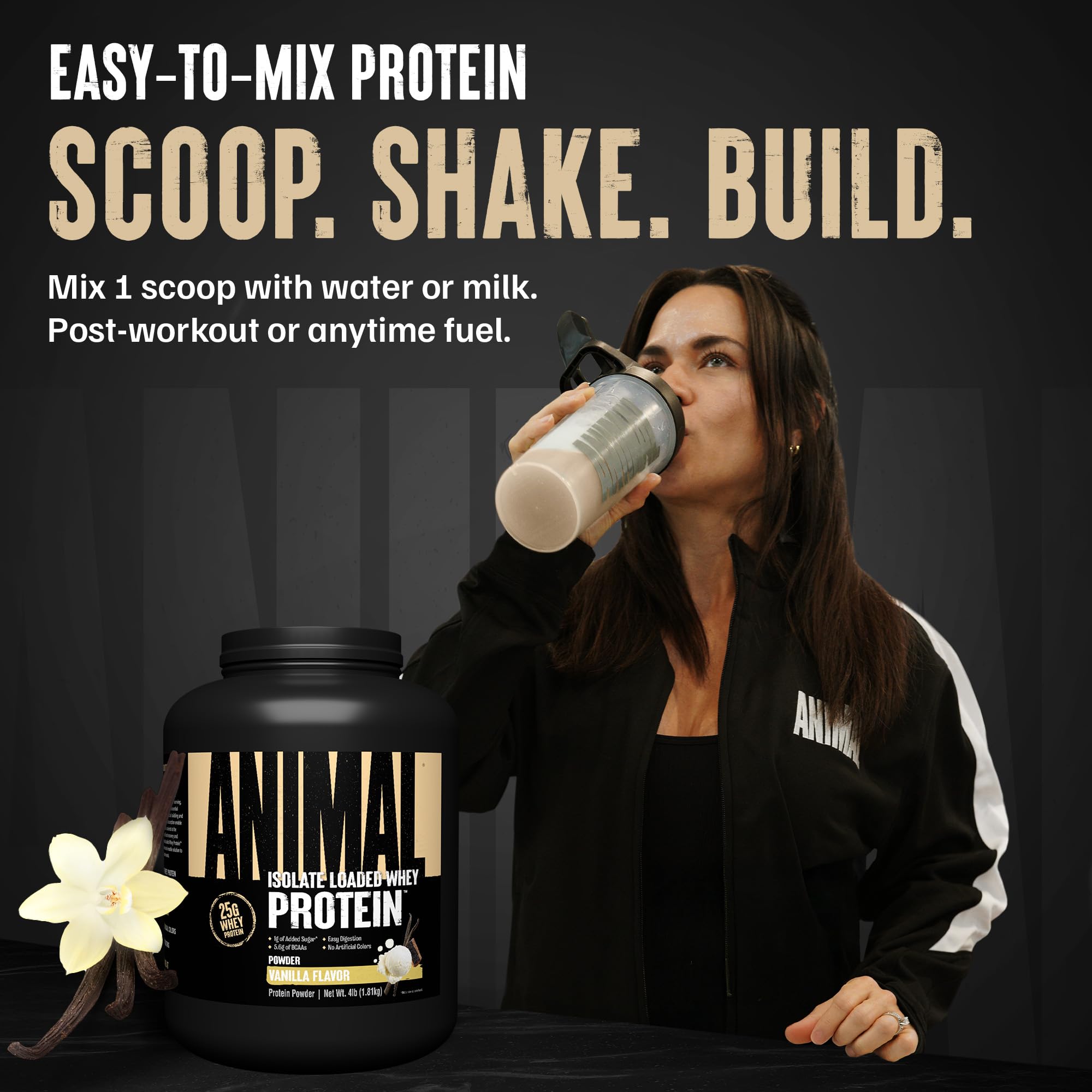 Animal Whey Isolate cucharada con porción, control preciso de proteína