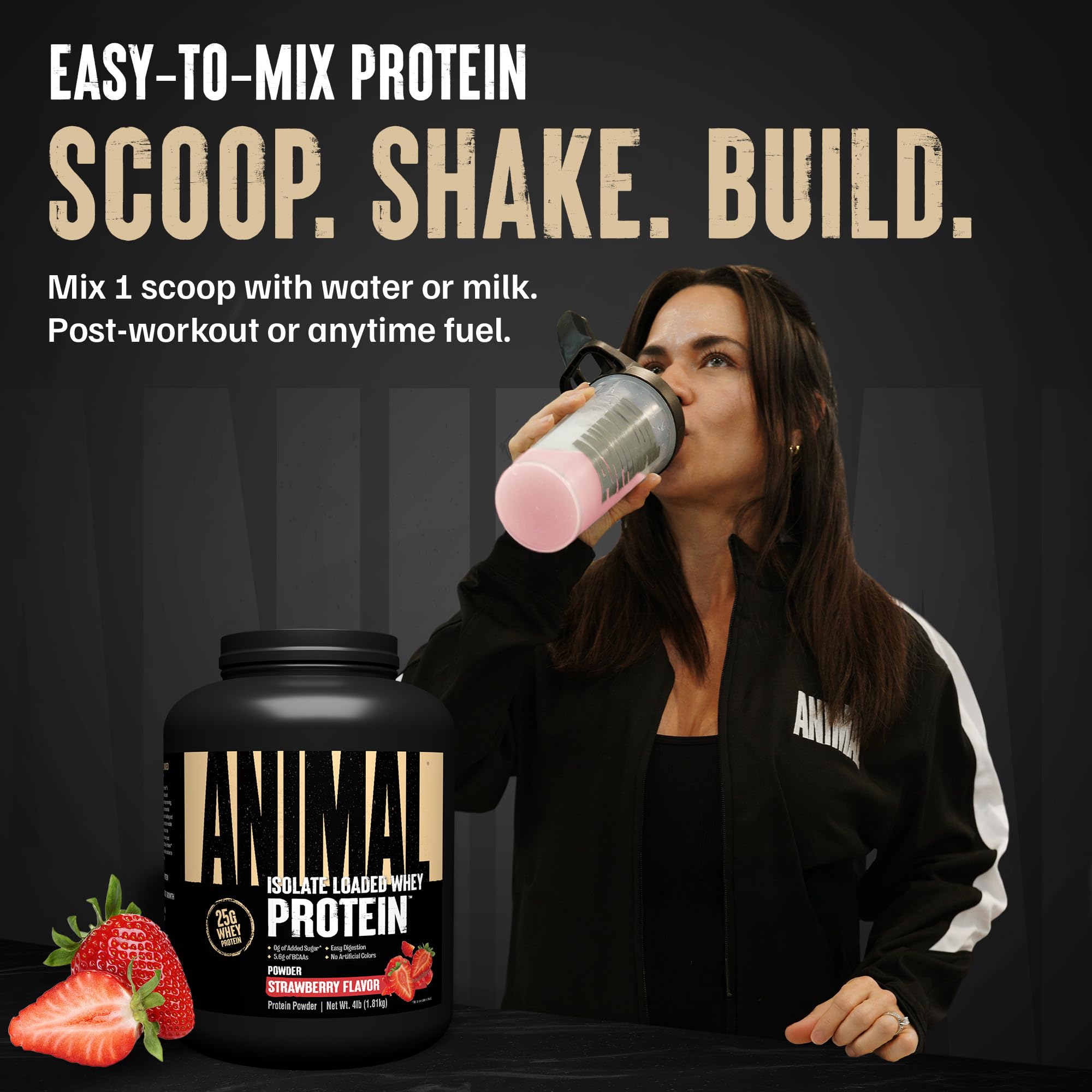 Animal Whey cuchara medidora con polvo, porción exacta y controlada