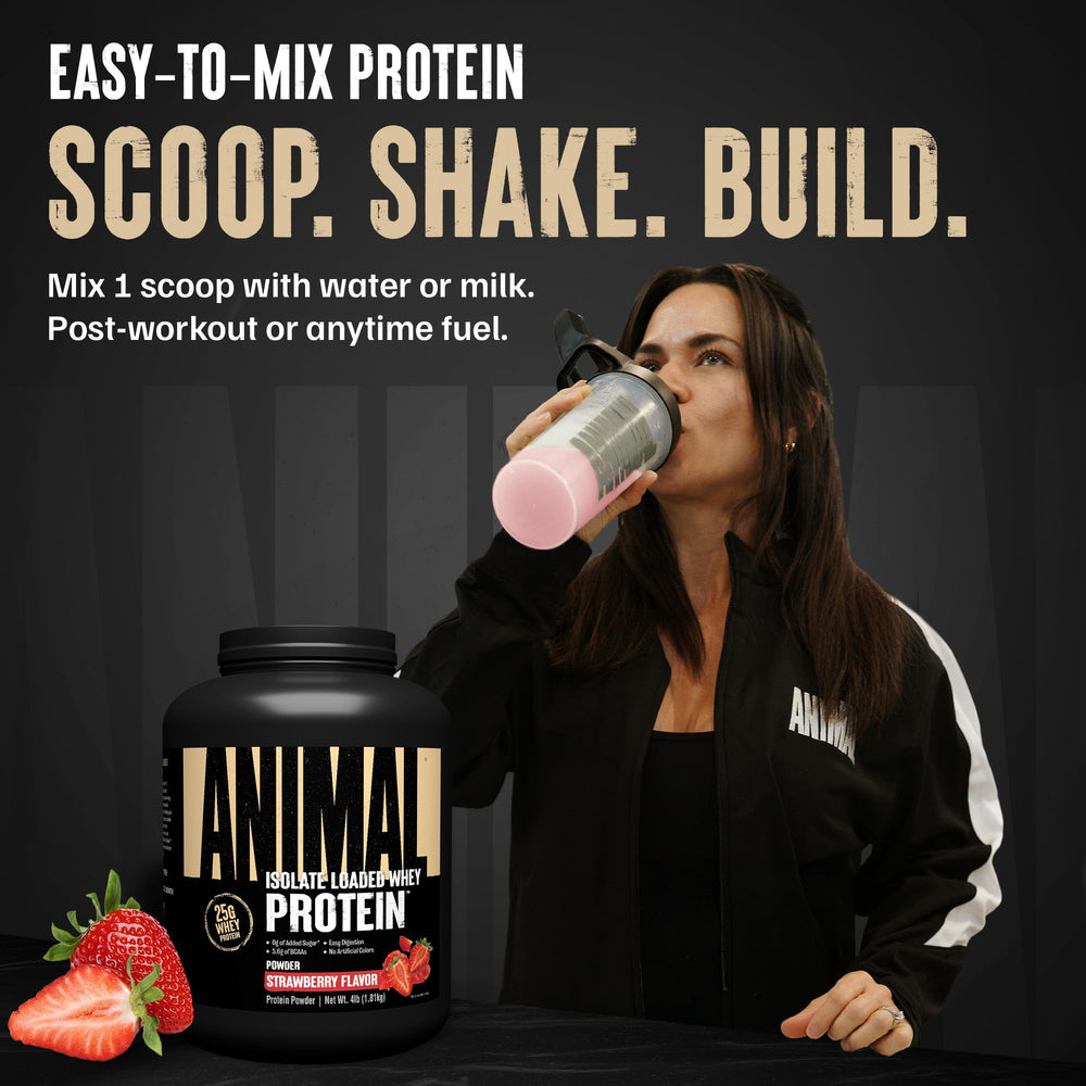 Animal Whey cuchara medidora con polvo, porción exacta y controlada