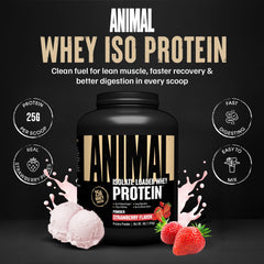 Animal Whey textura del polvo fresa, mezcla uniforme para batidos