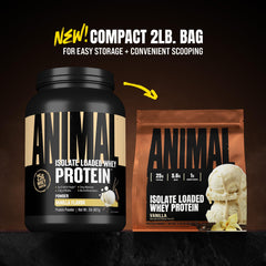 Animal Whey textura del polvo en detalle, fina y fácil de mezclar para mejor disolución