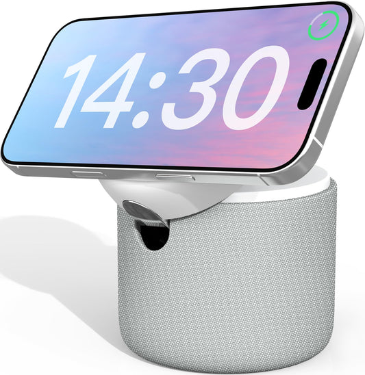 ANJANK white-noise-machine with magnetic charger for clutter-free bedside setup.