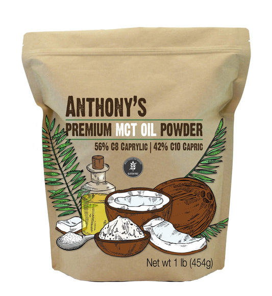 Anthony's MCT Powder en envase con cuchara, ideal para batidos y café.