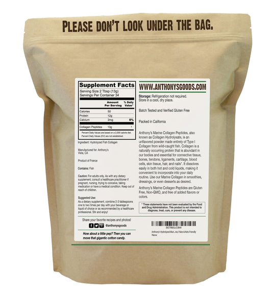Anthony's Colágeno Marino Hidrolizado envase 1lb, práctico para dosis diarias.