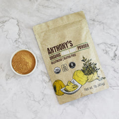 Anthony's bolsa de 1 lb junto a utensilios de cocina para visualizar tamaño y rendimiento