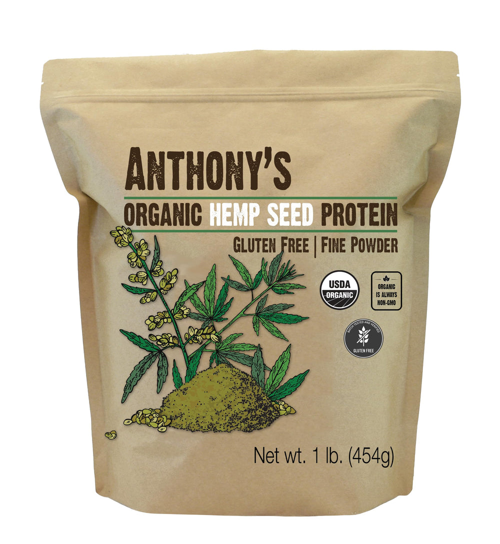 Anthony's Organic Hemp Seed Protein Powder 1lb tin showcases gluten-free protein source