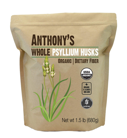 Anthony's empaque frontal de psyllium husks orgánico, presentación clara y beneficios
