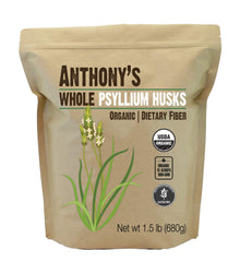Anthony's empaque frontal de psyllium husks orgánico, presentación clara y beneficios