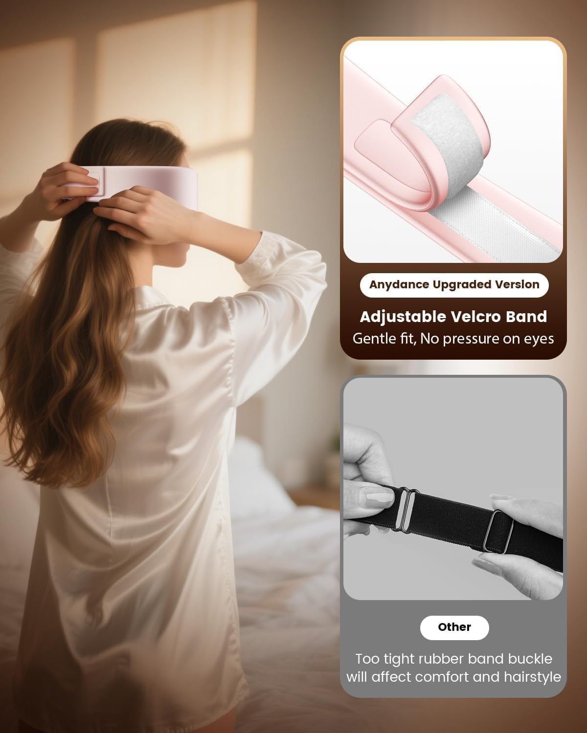 anydance antifaz junto a una mano para mostrar tamaño y portabilidad