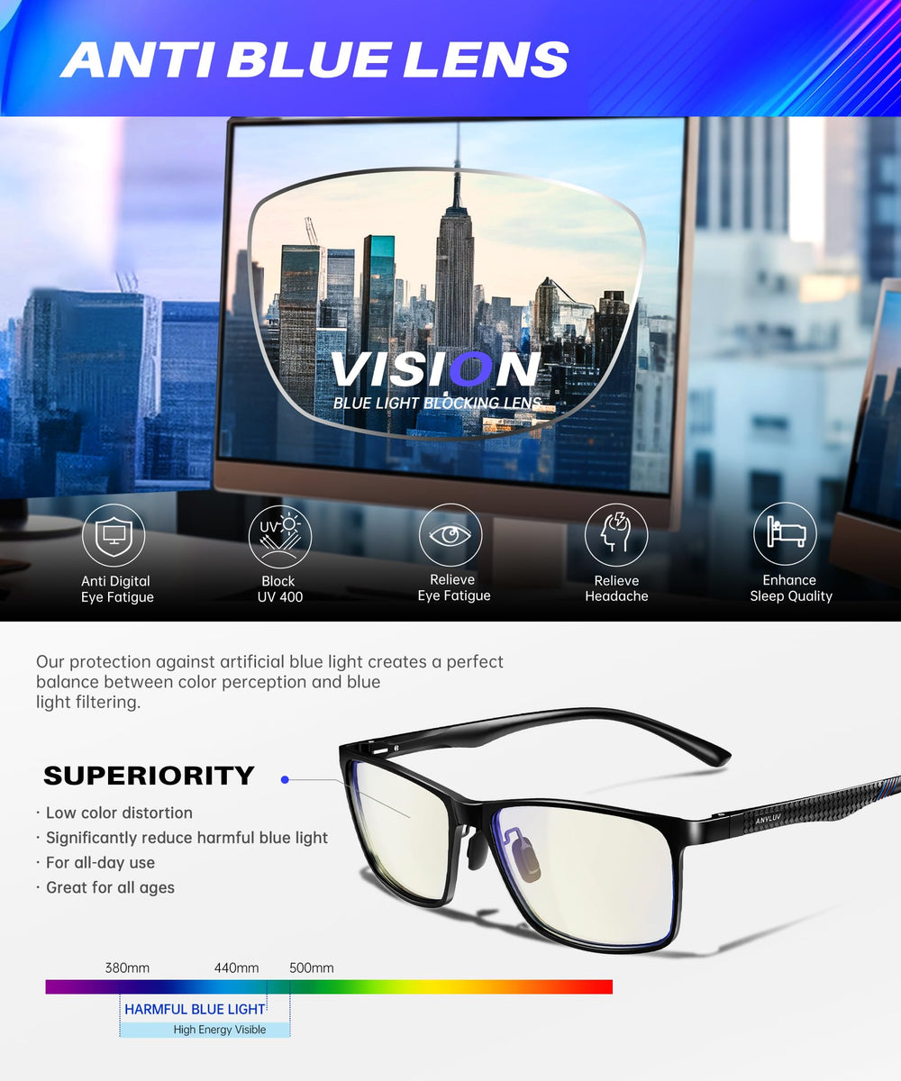 ANYLUV gafas en uso por gamer, reducción de cansancio visual durante partidas