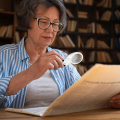 AOCOAKW lupa iluminada en uso mostrando luz LED que mejora lectura en ambiente oscuro