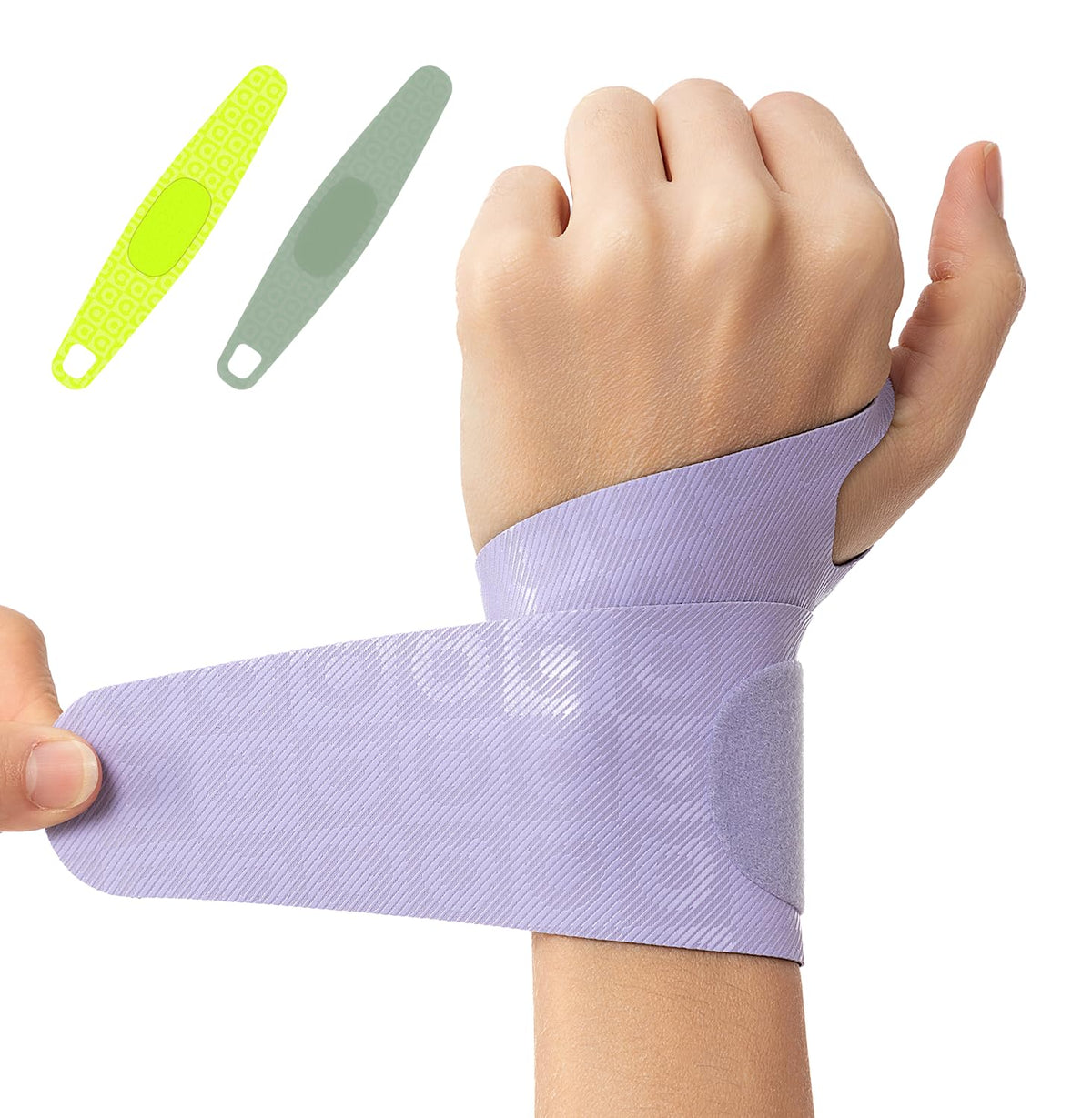 aoFIT vista frontal de la muñequera morada con diseño ergonómico, sujeción cómoda