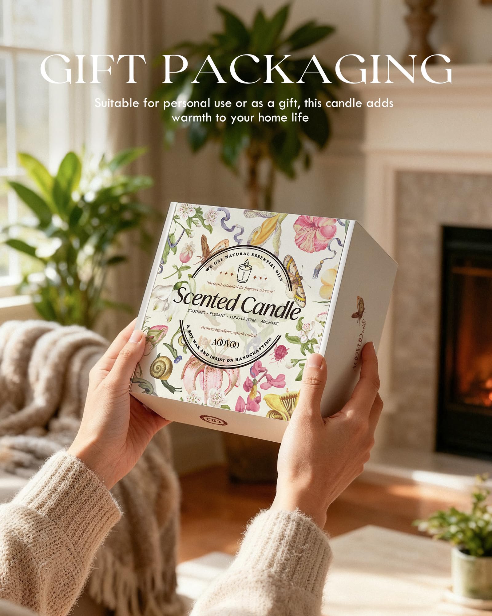 AOOVOO caja de regalo abierta con las cuatro velas presentadas elegantemente