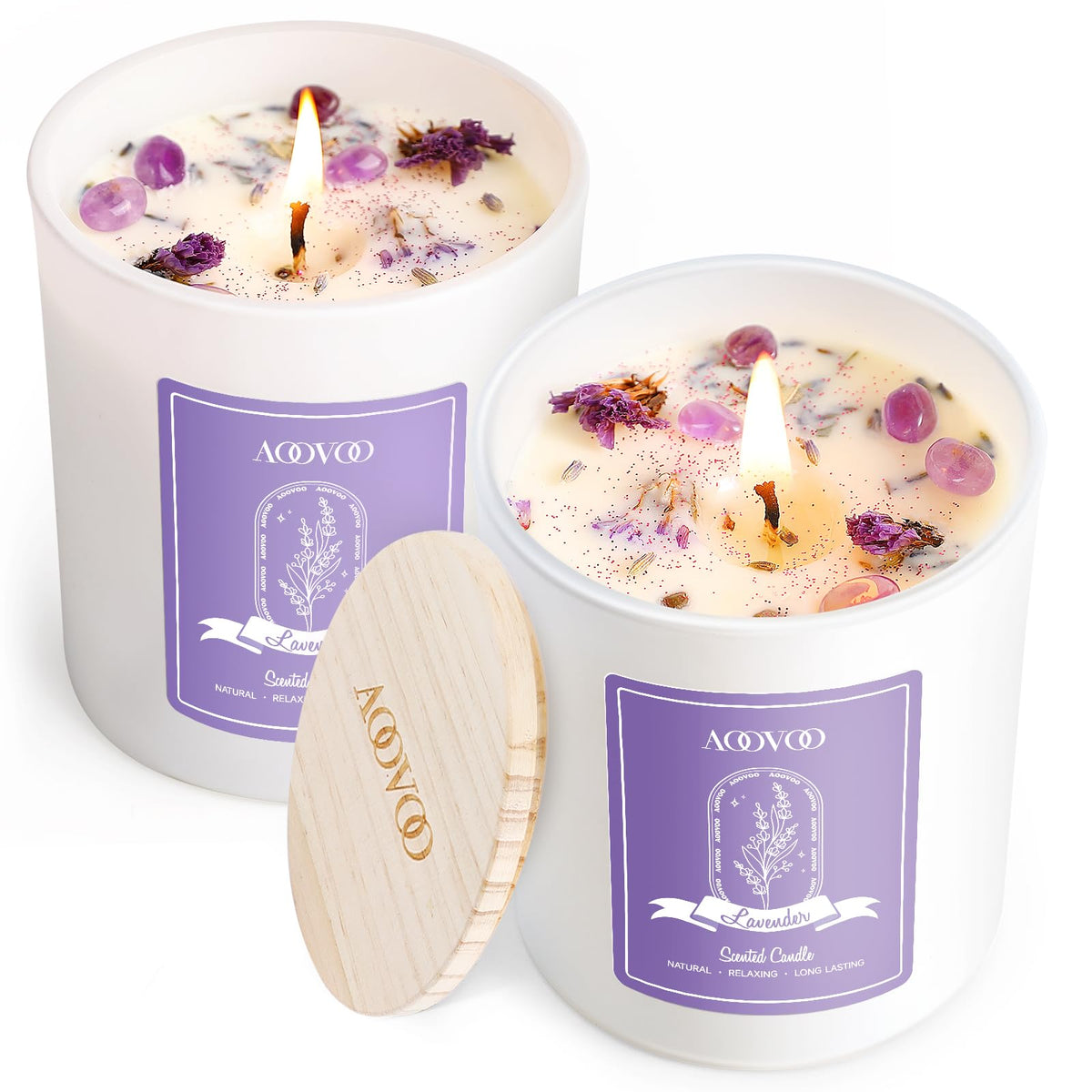 AOOVOO frente del envase de vela lavanda para ambientar espacios