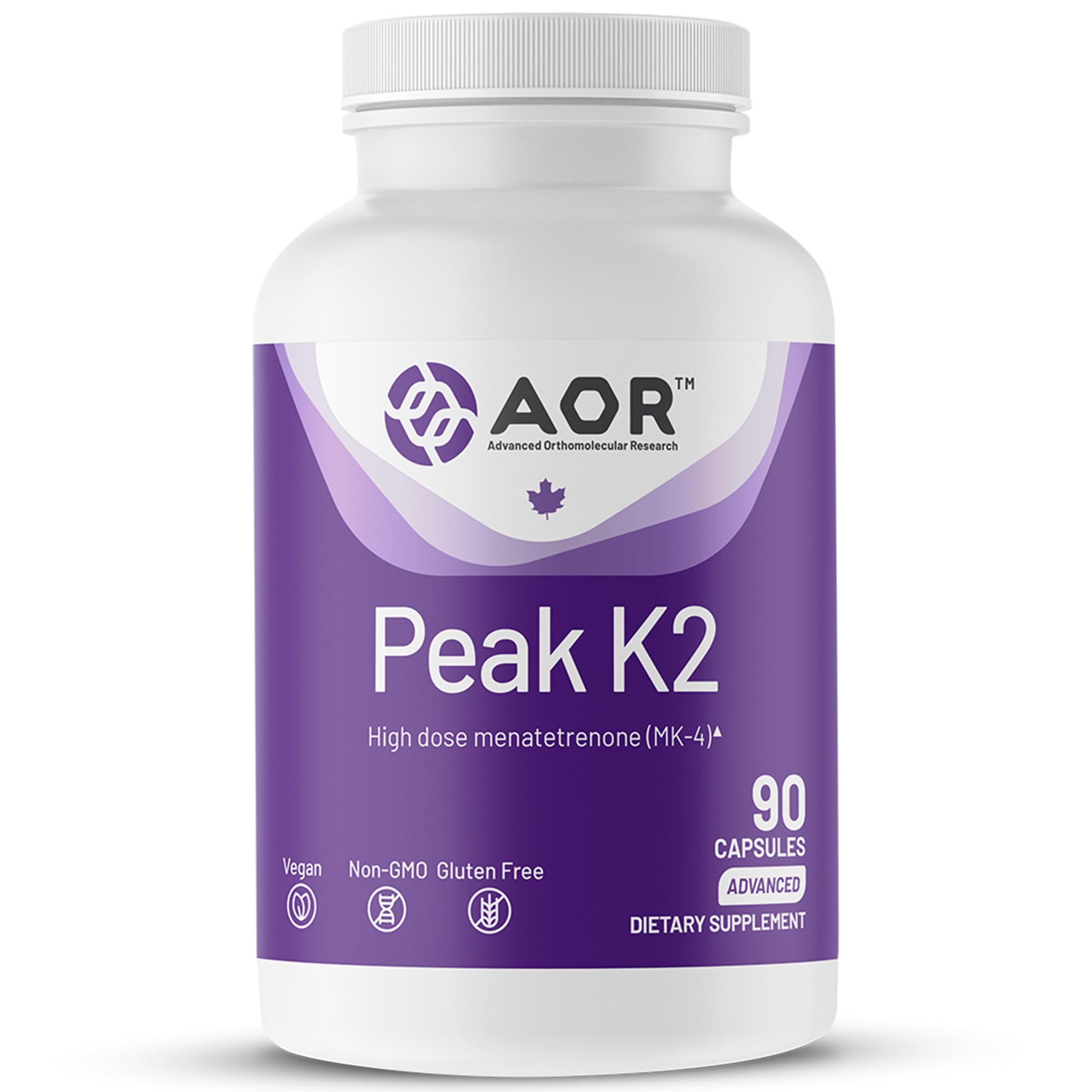 AOR Peak K2 frontal mostrando botella y cápsulas, claridad de dosificación