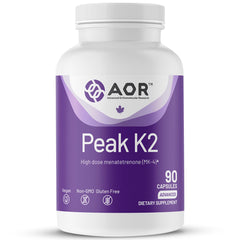 AOR Peak K2 frontal mostrando botella y cápsulas, claridad de dosificación