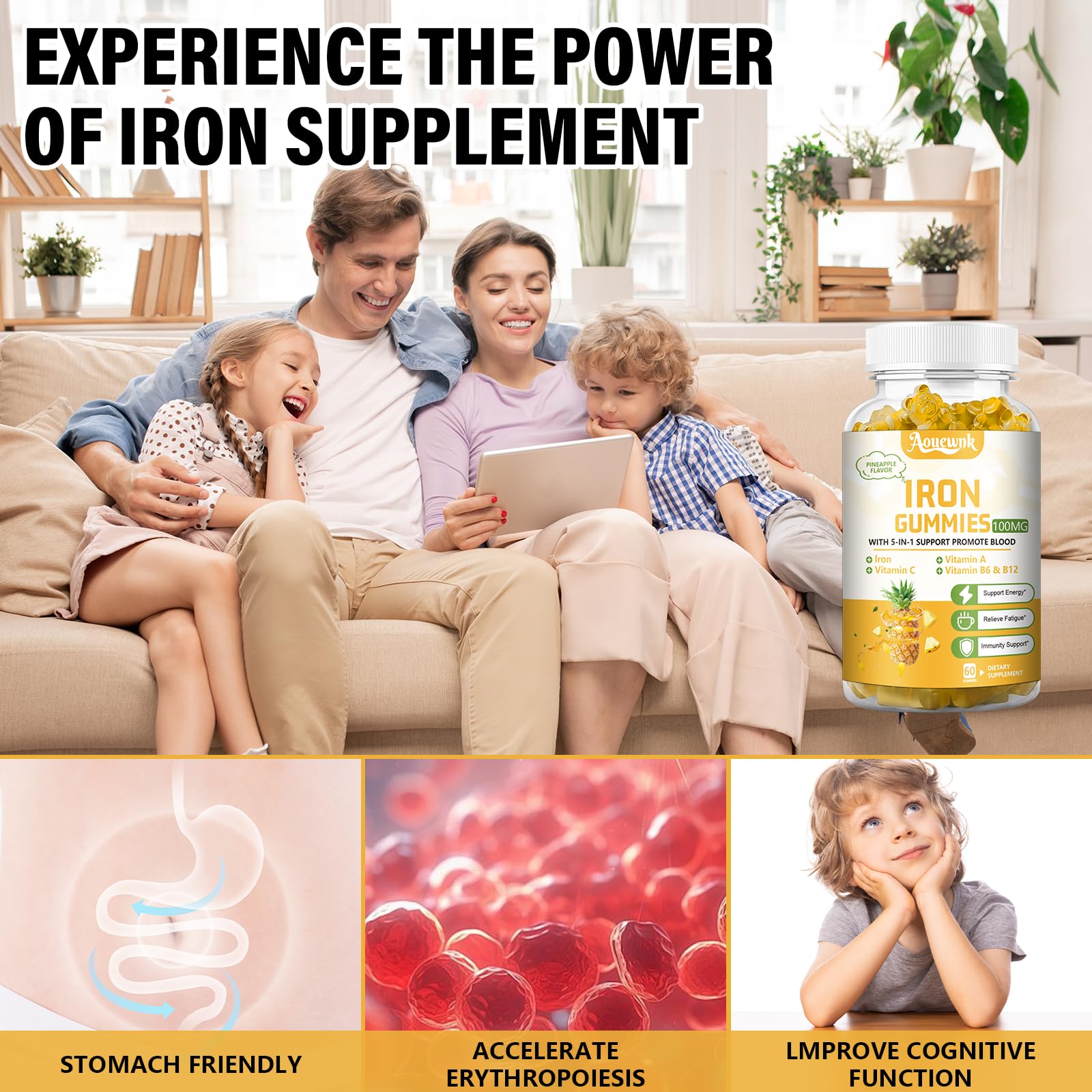 Aouewnk etiqueta con ingredientes muestra hierro y vitaminas clave para absorción
