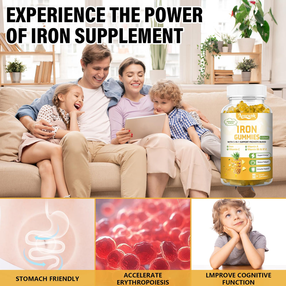 Aouewnk etiqueta con ingredientes muestra hierro y vitaminas clave para absorción
