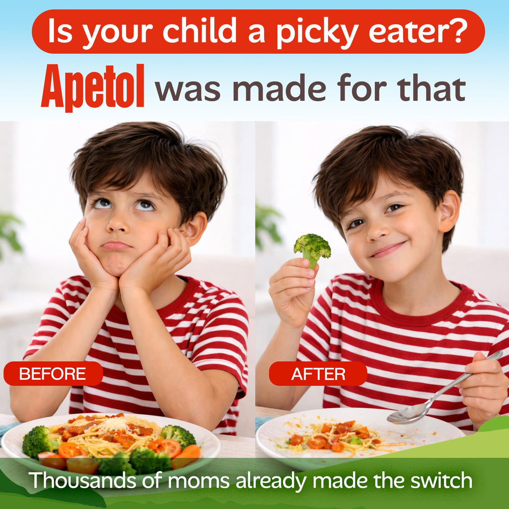 Detalle de etiqueta Apetol con ingredientes y ventajas visibles para padres
