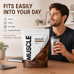 Apex Labs Muscle batido de chocolate en vaso listo para beber tras el entrenamiento