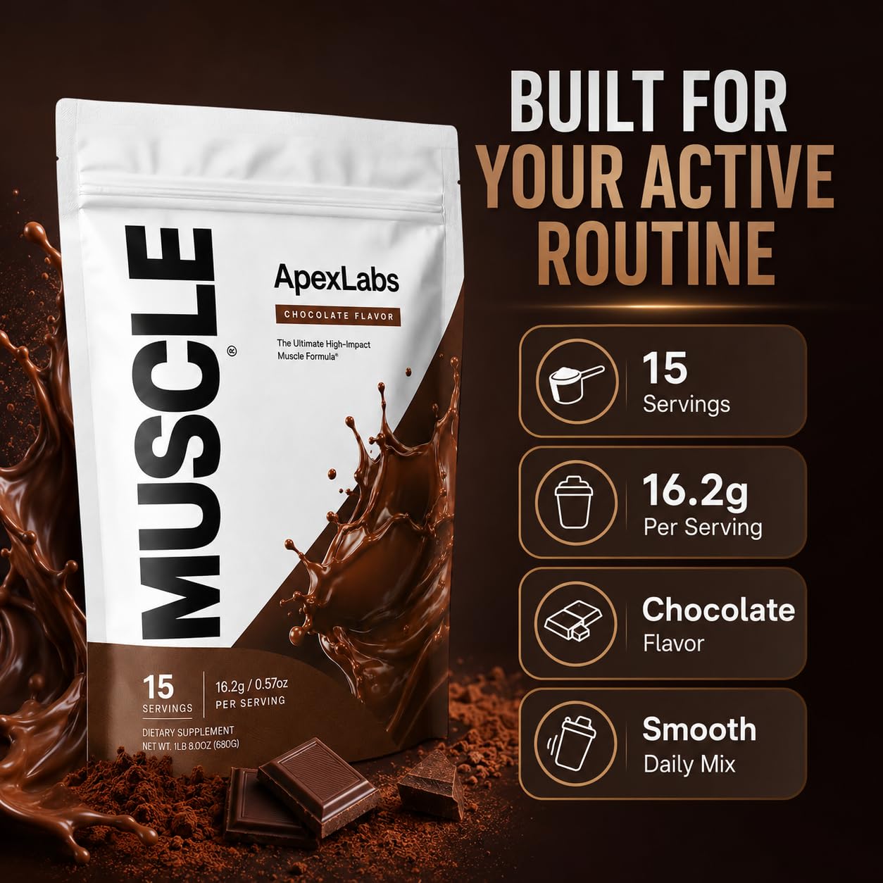 Apex Labs Muscle envase junto a una medida para comparar tamaño y porciones
