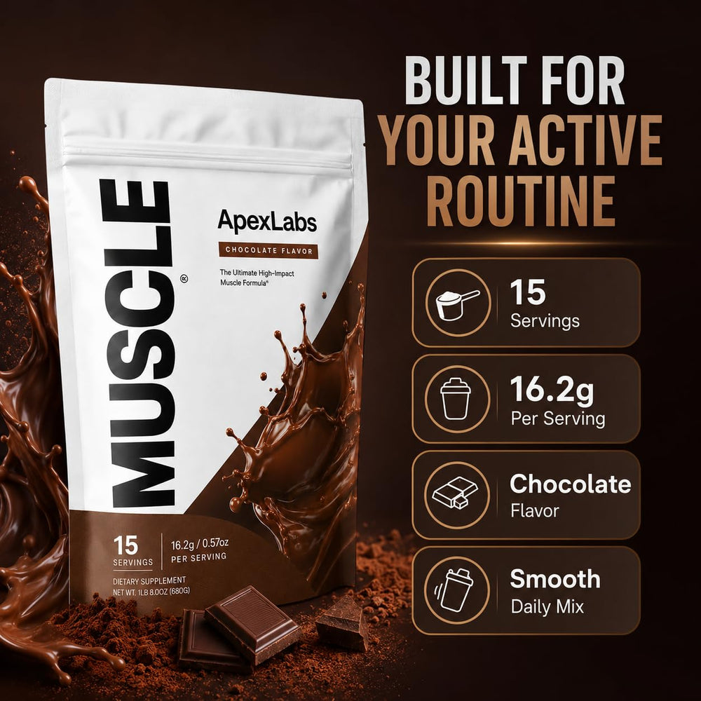 Apex Labs Muscle envase junto a una medida para comparar tamaño y porciones