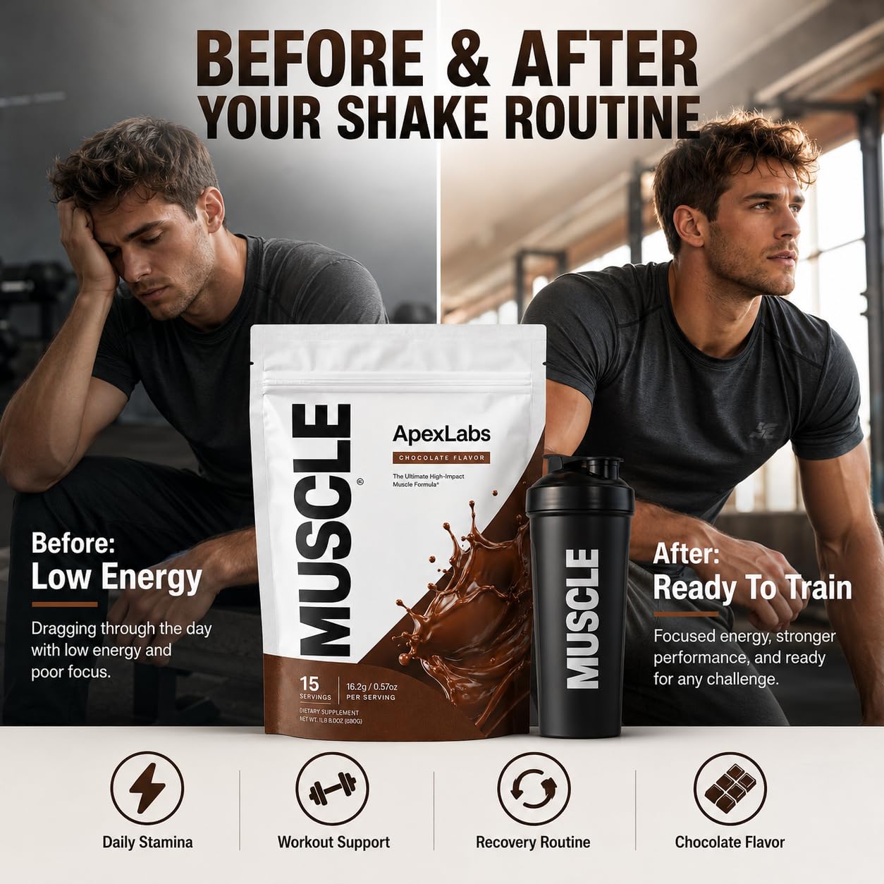 Apex Labs Muscle persona tomando batido tras ejercicio beneficiándose de proteína práctica