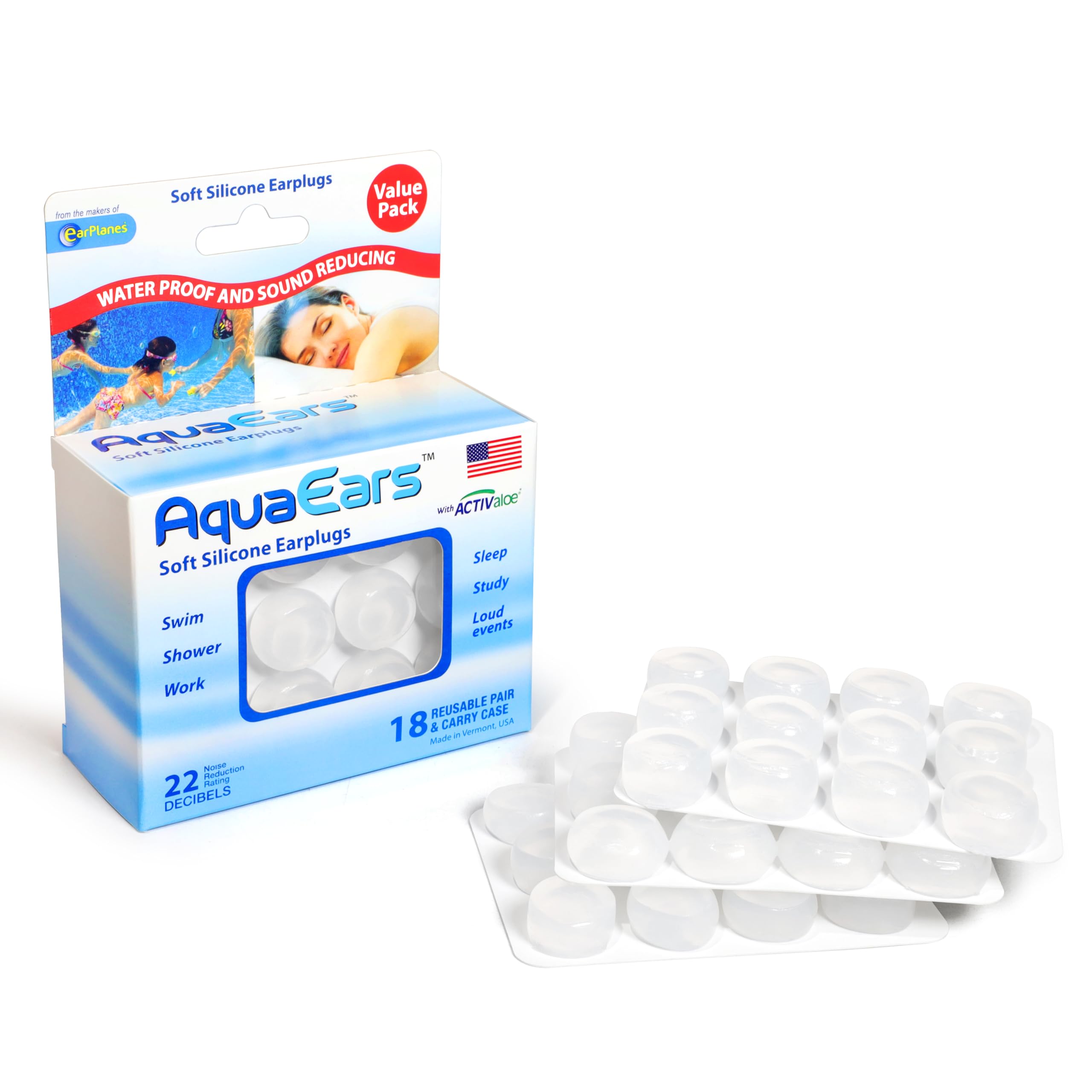 Aqua Ears frente del empaque mostrando 18 pares y beneficios de uso