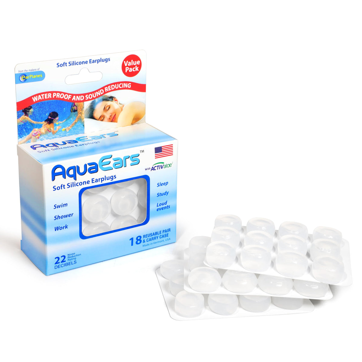 Aqua Ears frente del empaque mostrando 18 pares y beneficios de uso